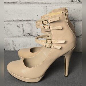 Call It Spring Nude Triple Strap Platform Heels Size 8 Ankle Buckle Pumps
